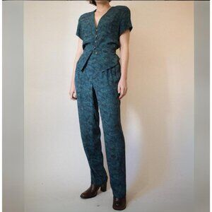 Vintage Teal Two-Piece Set - Blouse & High-Waist Pants